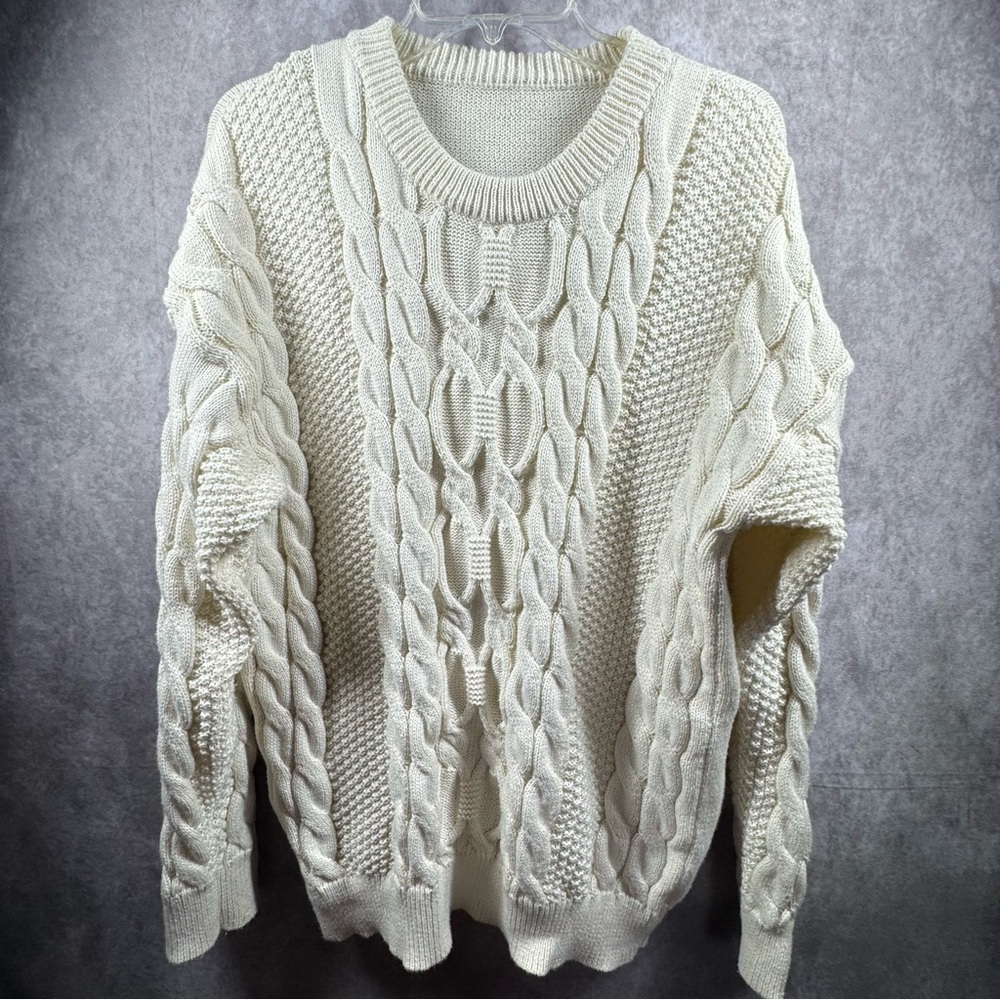 Men’s Cable Knit Fisherman’s Cream Cozy Crew Neck Sweater 2X